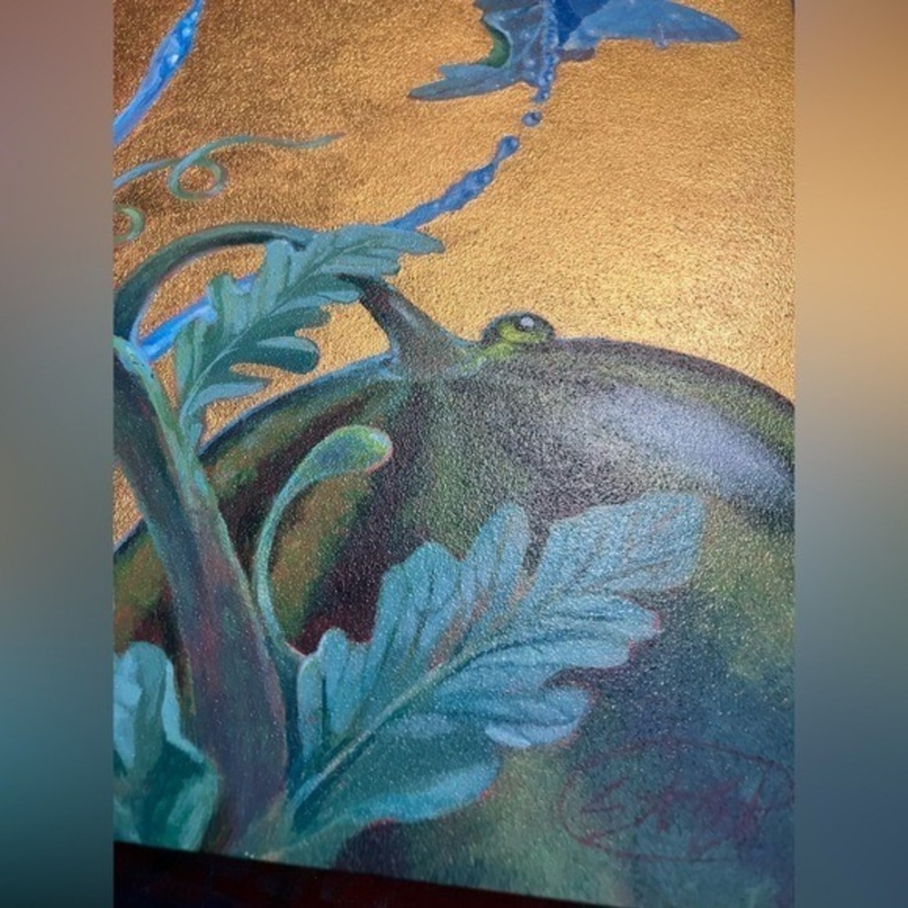 ORIGINAL Butterfly's Painting Surrealist Watermelon Mushroom Art Gold Accent EAE - Picture 2 of 9
